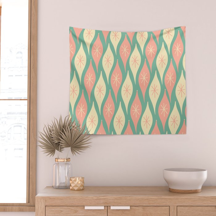 Retro Christmas Ornament Pattern Mint Green Blush Pink Cream Wall Tapestry Gallery Image 2
