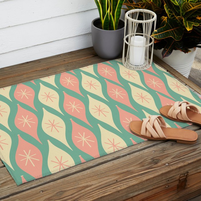 Retro Christmas Ornament Pattern Mint Green Blush Pink Cream Outdoor Rug Gallery Image 2