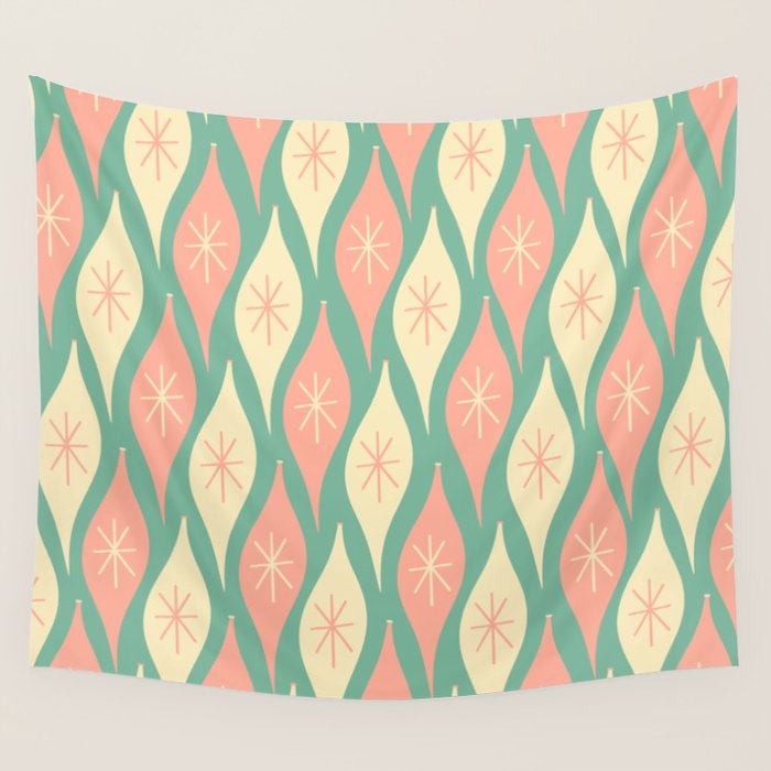 Retro Christmas Ornament Pattern Mint Green Blush Pink Cream Wall Tapestry Gallery Image 4