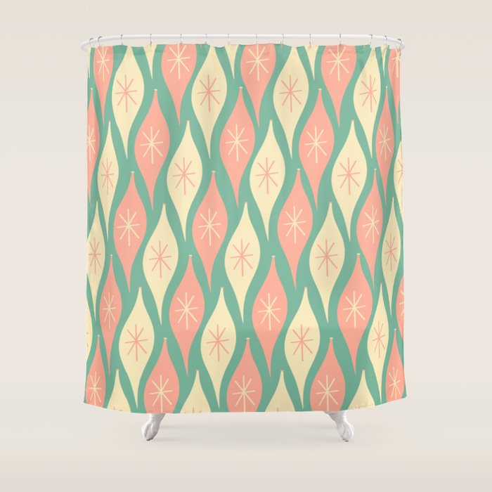Retro Christmas Ornament Pattern Mint Green Blush Pink Cream Shower Curtain Gallery Image 1