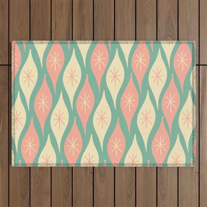 Retro Christmas Ornament Pattern Mint Green Blush Pink Cream Outdoor Rug Gallery Image 1