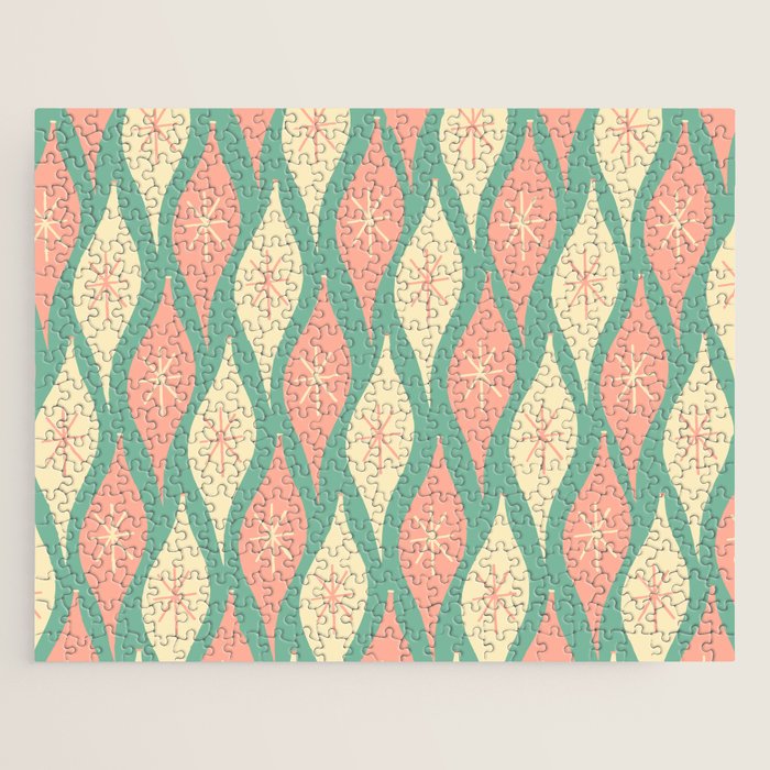 Retro Christmas Ornament Pattern Mint Green Blush Pink Cream Jigsaw Puzzle Gallery Image 1