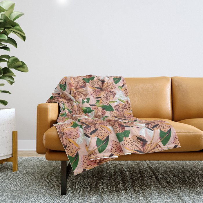 Tiger Lillies, Tropical Blush Botanical Illustration, Polka Dots Nature Vibrant Floral Jungle Throw Blanket Gallery Image 1