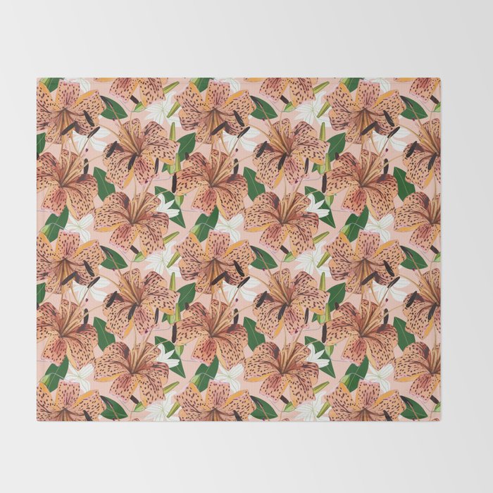 Tiger Lillies, Tropical Blush Botanical Illustration, Polka Dots Nature Vibrant Floral Jungle Throw Blanket Gallery Image 2