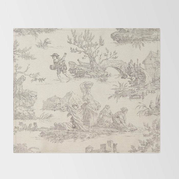 Beige toile de Jouy Throw Blanket Gallery Image 2