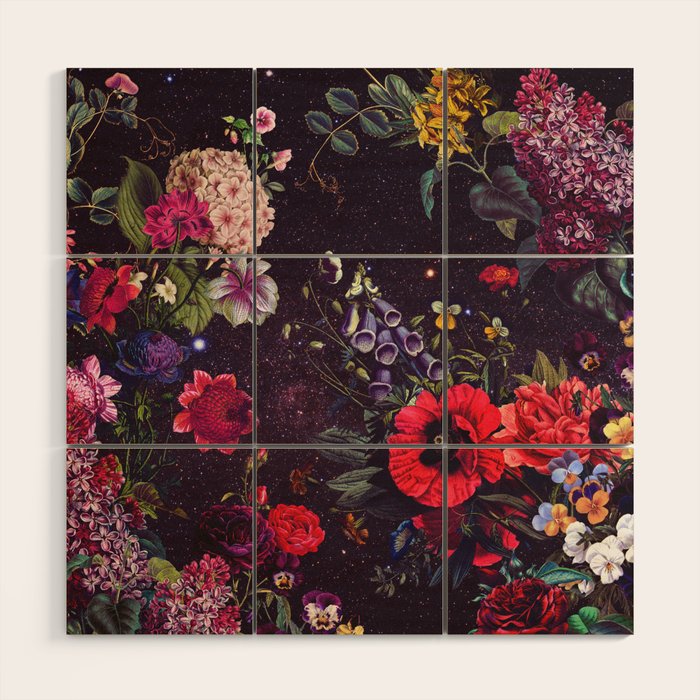 Astro Garden - Space, Stars, Purple, Red, Pink, Blossom, Vibrant, Flower Garden Wood Wall Art Gallery Image 1