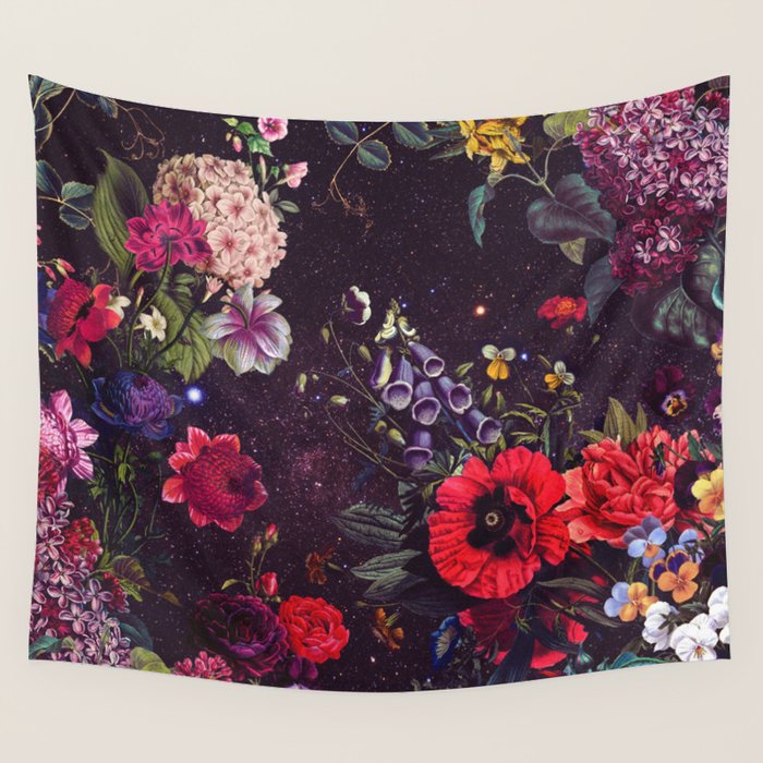 Astro Garden - Space, Stars, Purple, Red, Pink, Blossom, Vibrant, Flower Garden Wall Tapestry Gallery Image 4