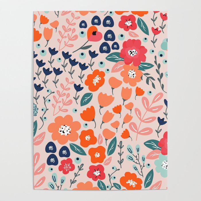 Ditsy Florals, Pink, Orange, Teal, Navy Poster Gallery Image 4