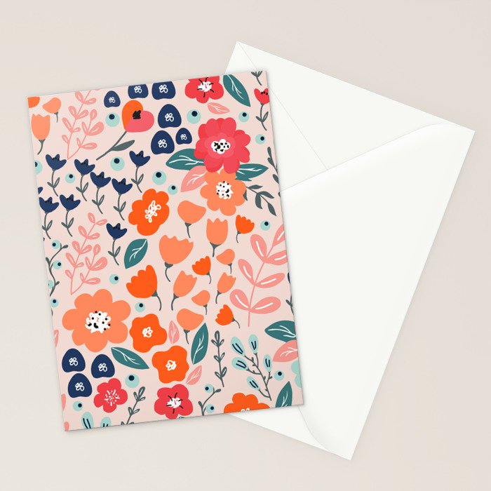 Ditsy Florals, Pink, Orange, Teal, Navy Stationery Card Gallery Image 2