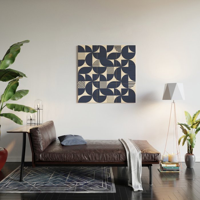 Navy Blue Mid Century Bauhaus Semi Circle Pattern Wood Wall Art Gallery Image 2