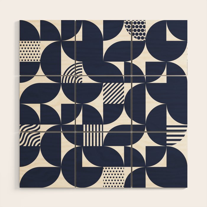 Navy Blue Mid Century Bauhaus Semi Circle Pattern Wood Wall Art Gallery Image 1