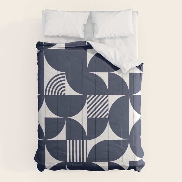 Navy Blue Mid Century Bauhaus Semi Circle Pattern Comforter Gallery Image 1