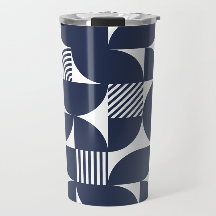 Navy Blue Mid Century Bauhaus Semi Circle Pattern Travel Mug Gallery Image 1