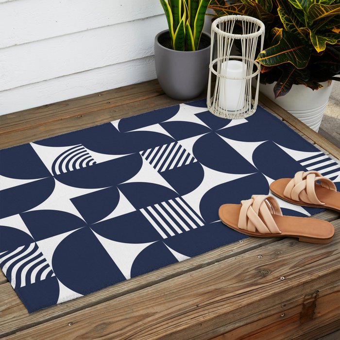Navy Blue Mid Century Bauhaus Semi Circle Pattern Outdoor Rug Gallery Image 2