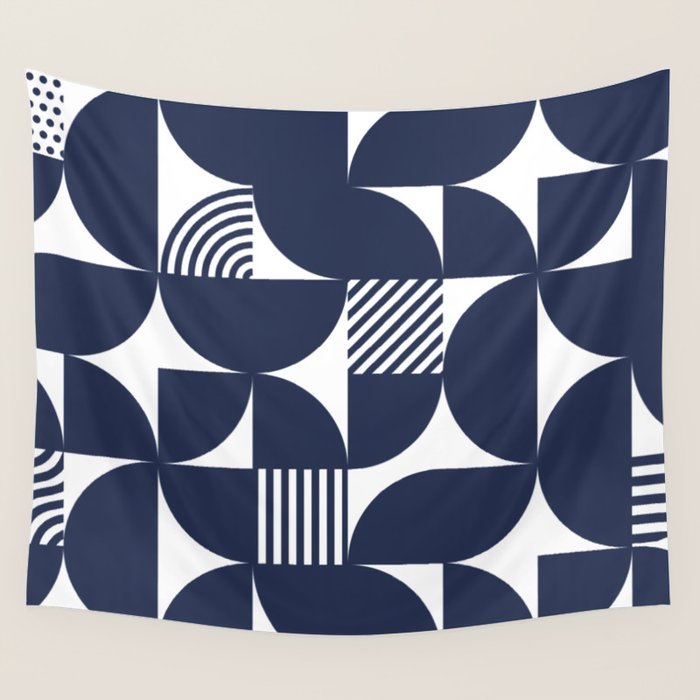 Navy Blue Mid Century Bauhaus Semi Circle Pattern Wall Tapestry Gallery Image 1