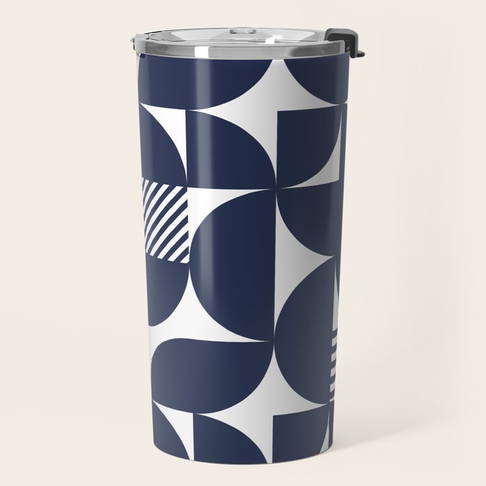 Navy Blue Mid Century Bauhaus Semi Circle Pattern Travel Mug Gallery Image 2