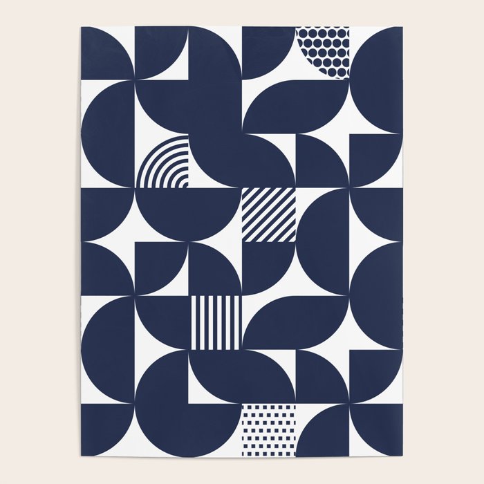 Navy Blue Mid Century Bauhaus Semi Circle Pattern Poster Gallery Image 1