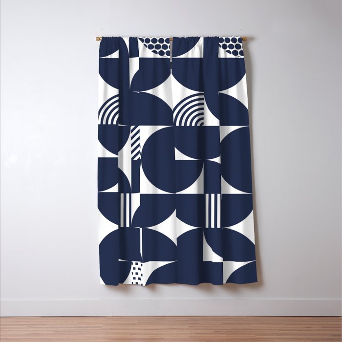 Navy Blue Mid Century Bauhaus Semi Circle Pattern Window Curtain Gallery Image 3