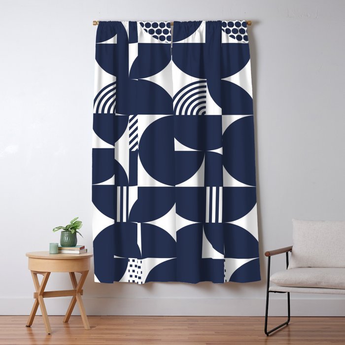 Navy Blue Mid Century Bauhaus Semi Circle Pattern Window Curtain Gallery Image 1
