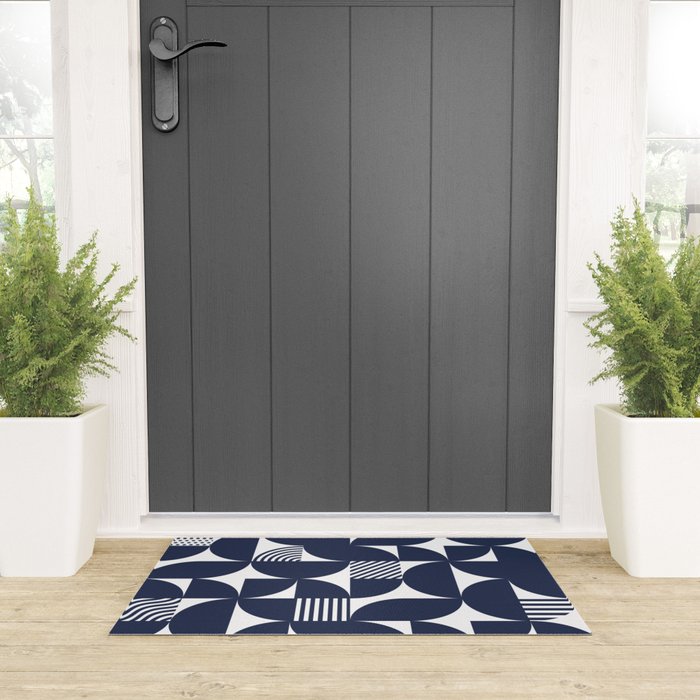 Navy Blue Mid Century Bauhaus Semi Circle Pattern Welcome Mat Gallery Image 3