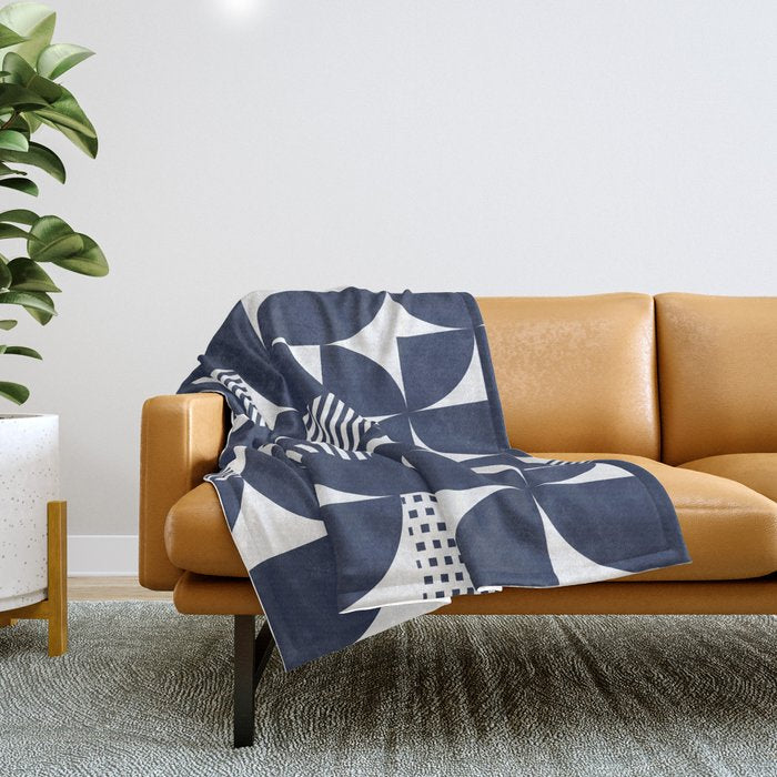 Navy Blue Mid Century Bauhaus Semi Circle Pattern Throw Blanket Gallery Image 1