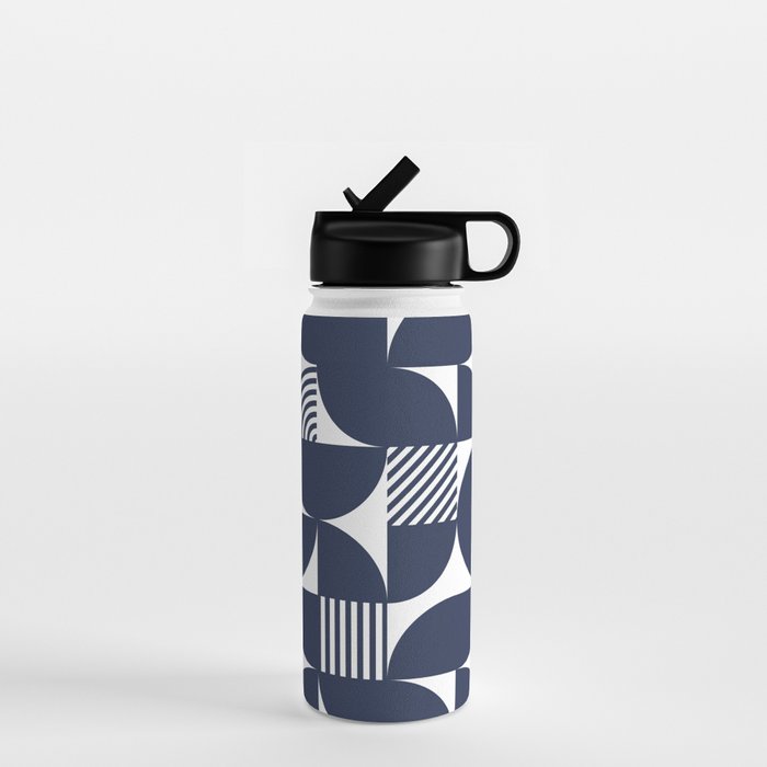 Navy Blue Mid Century Bauhaus Semi Circle Pattern Water Bottle Gallery Image 1