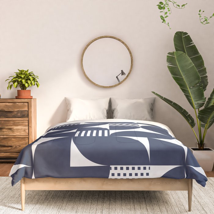 Navy Blue Mid Century Bauhaus Semi Circle Pattern Comforter Gallery Image 3