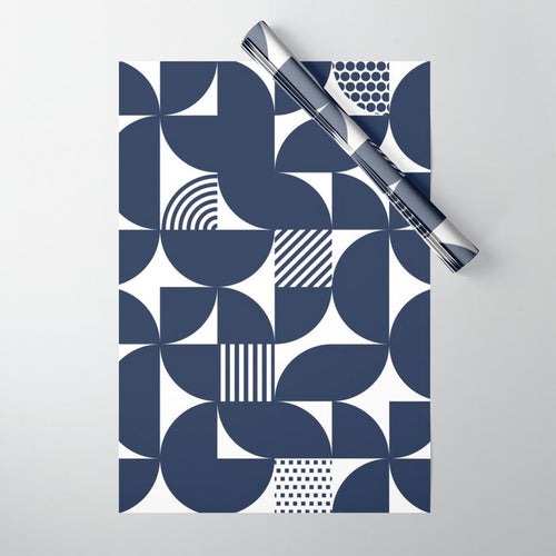 Navy Blue Mid Century Bauhaus Semi Circle Pattern Wrapping Paper Gallery Image 1