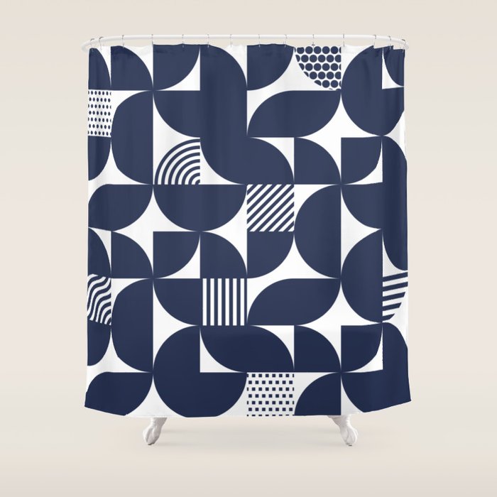Navy Blue Mid Century Bauhaus Semi Circle Pattern Shower Curtain Gallery Image 1