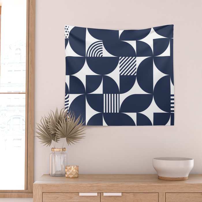 Navy Blue Mid Century Bauhaus Semi Circle Pattern Wall Tapestry Gallery Image 2