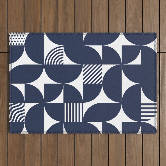 Navy Blue Mid Century Bauhaus Semi Circle Pattern Outdoor Rug Gallery Image 1