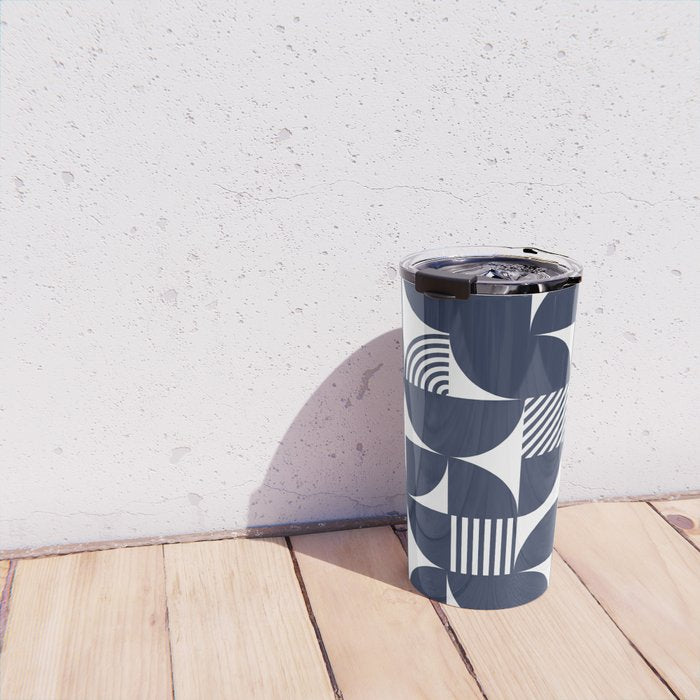 Navy Blue Mid Century Bauhaus Semi Circle Pattern Travel Mug Gallery Image 4