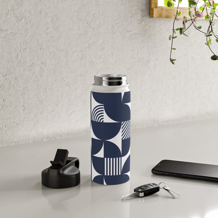 Navy Blue Mid Century Bauhaus Semi Circle Pattern Water Bottle Gallery Image 4