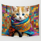Gustav Klimt Style Tabby Cat Kitten with Colorful Scarf Wall Tapestry Gallery Image 4