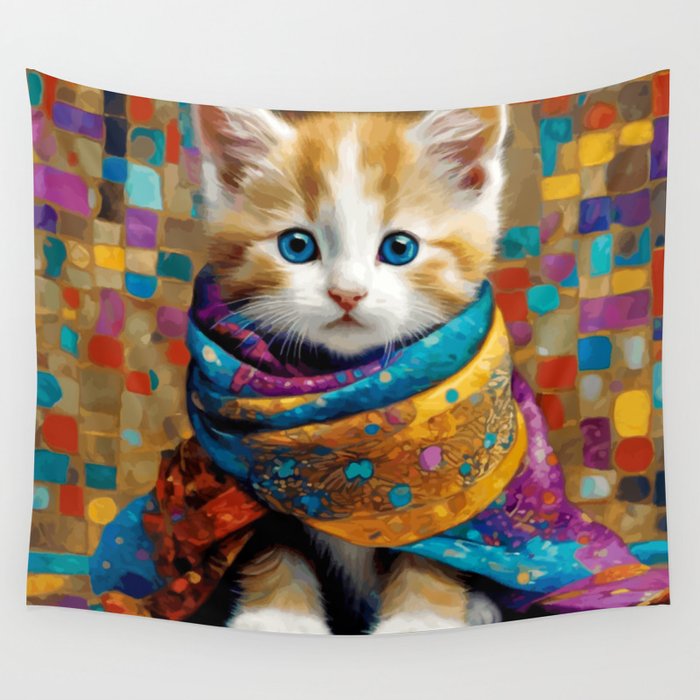 Gustav Klimt Style Tabby Cat Kitten with Colorful Scarf Wall Tapestry Gallery Image 1