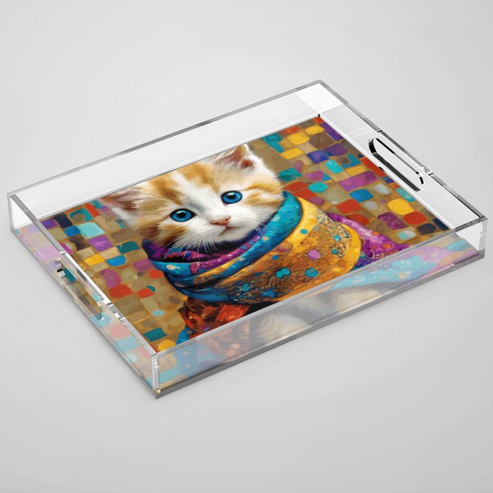 Gustav Klimt Style Tabby Cat Kitten with Colorful Scarf Acrylic Tray Gallery Image 1