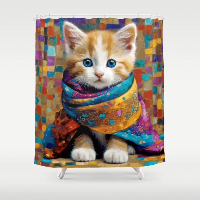 Gustav Klimt Style Tabby Cat Kitten with Colorful Scarf Shower Curtain Gallery Image 1