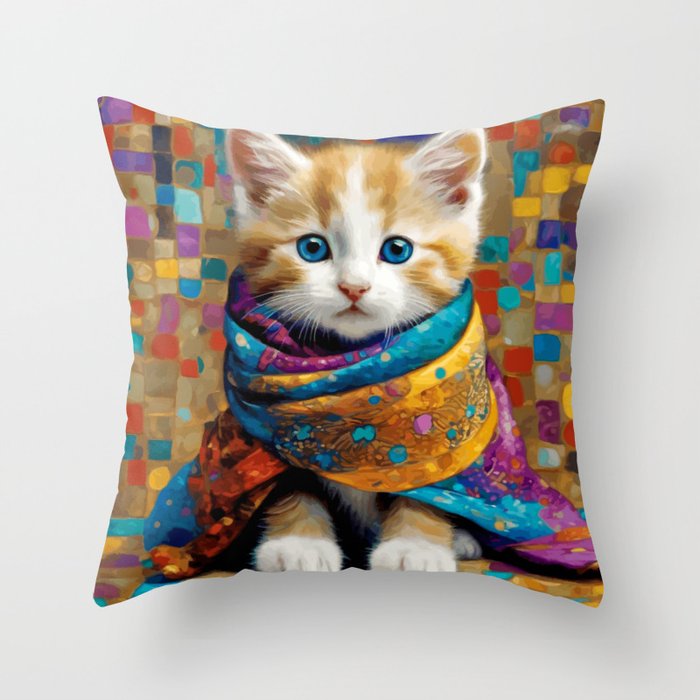 Gustav Klimt Style Tabby Cat Kitten with Colorful Scarf Throw Pillow Gallery Image 6