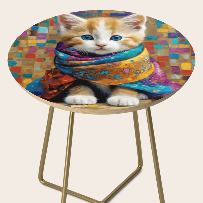 Gustav Klimt Style Tabby Cat Kitten with Colorful Scarf Side Table Gallery Image 2