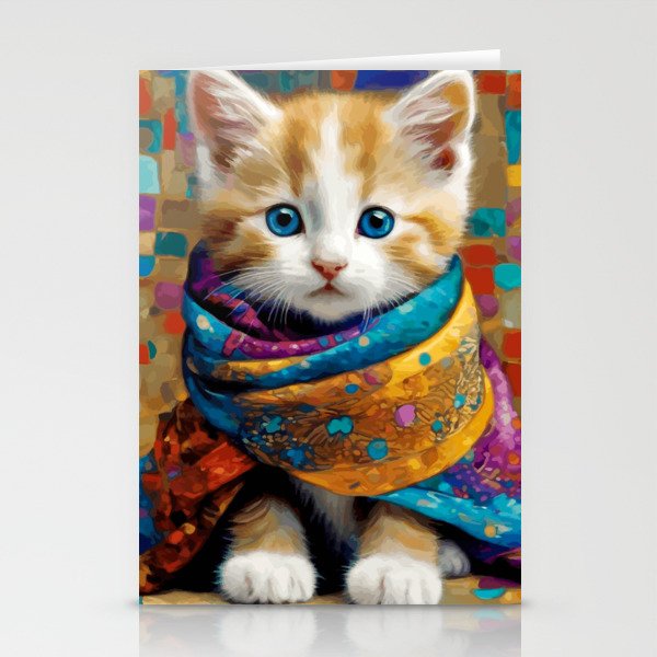 Gustav Klimt Style Tabby Cat Kitten with Colorful Scarf Stationery Card Gallery Image 1