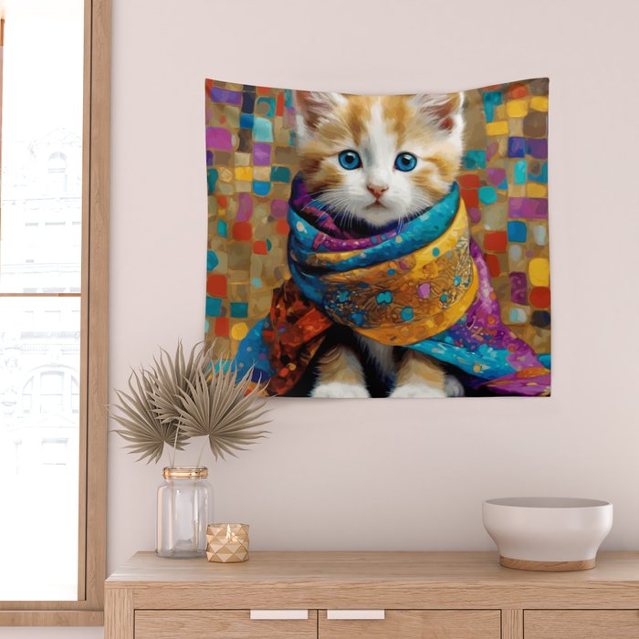 Gustav Klimt Style Tabby Cat Kitten with Colorful Scarf Wall Tapestry Gallery Image 2