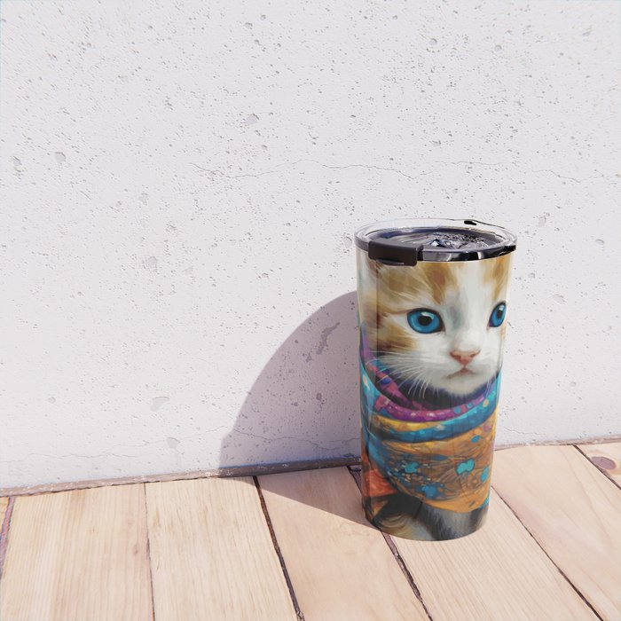 Gustav Klimt Style Tabby Cat Kitten with Colorful Scarf Travel Mug Gallery Image 4