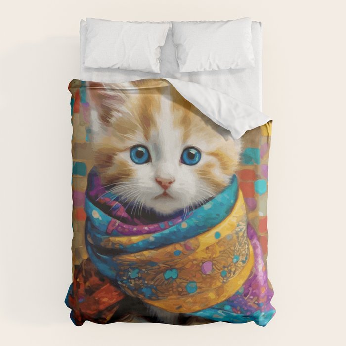 Gustav Klimt Style Tabby Cat Kitten with Colorful Scarf Duvet Cover Gallery Image 6