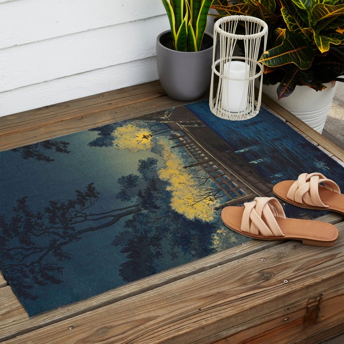 Tsuchiya Koitsu Vintage Japanese Woodblock Print Spring Blossom At Night t Outdoor Rug Gallery Image 2