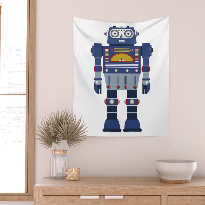 Blue Robot Retro Toy Wall Tapestry Gallery Image 2