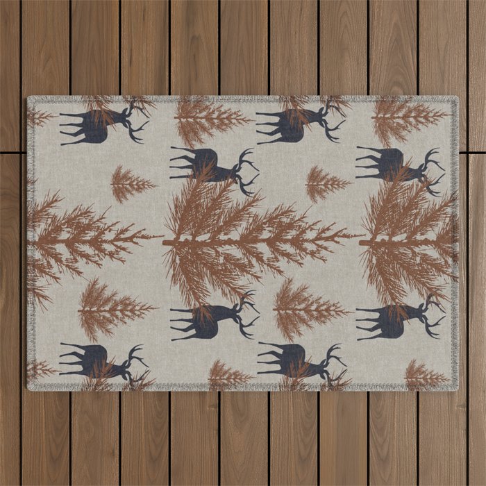 Christmas Trees and Deer, Faux Linen, Pattern, Beige, Brown and Blue Outdoor Rug Gallery Image 1
