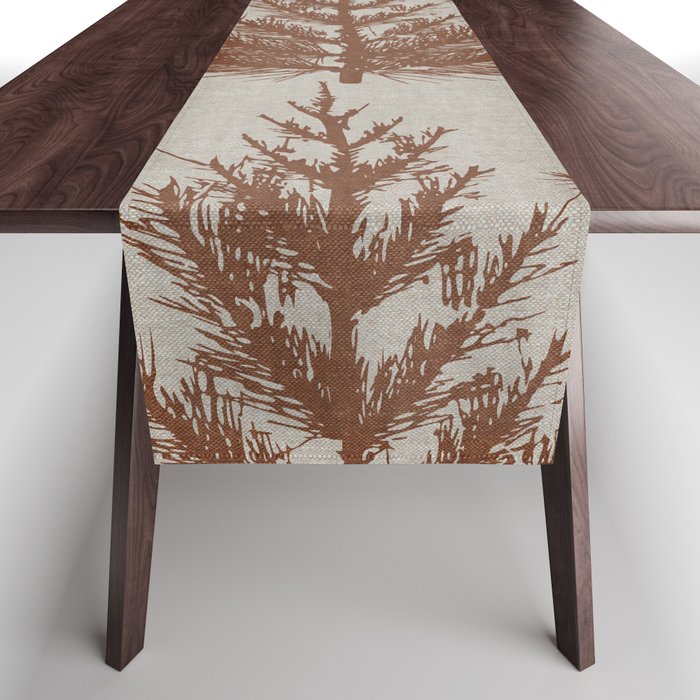 Christmas Trees and Deer, Faux Linen, Pattern, Beige, Brown and Blue Table Runner Gallery Image 1