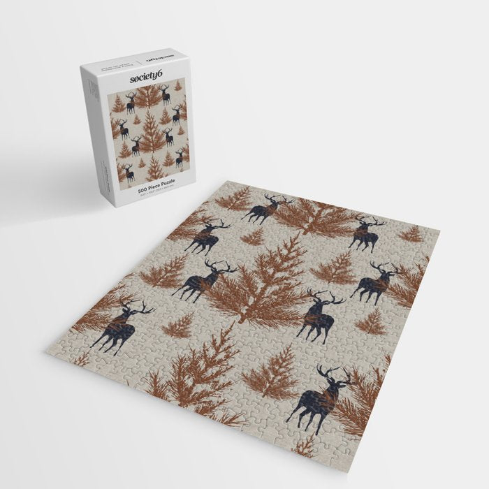 Christmas Trees and Deer, Faux Linen, Pattern, Beige, Brown and Blue Jigsaw Puzzle Gallery Image 2