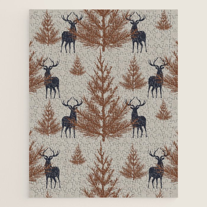 Christmas Trees and Deer, Faux Linen, Pattern, Beige, Brown and Blue Jigsaw Puzzle Gallery Image 1