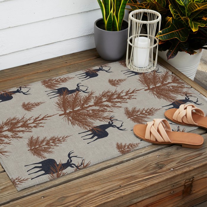 Christmas Trees and Deer, Faux Linen, Pattern, Beige, Brown and Blue Outdoor Rug Gallery Image 2